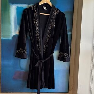 In Bloom Black Velvet Robe with Lace Detail